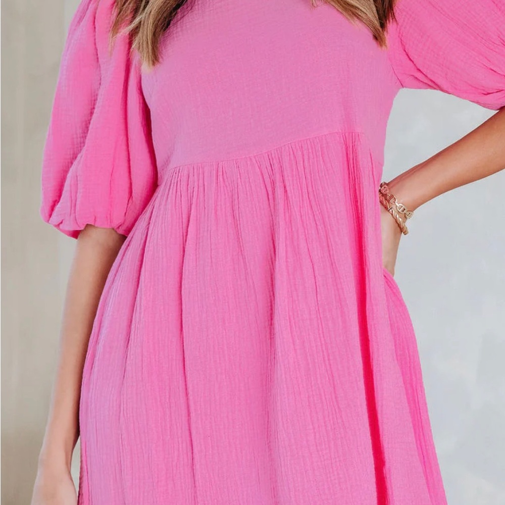 Vici COTTON PUFF SLEEVE BABYDOLL DRESS - PINK